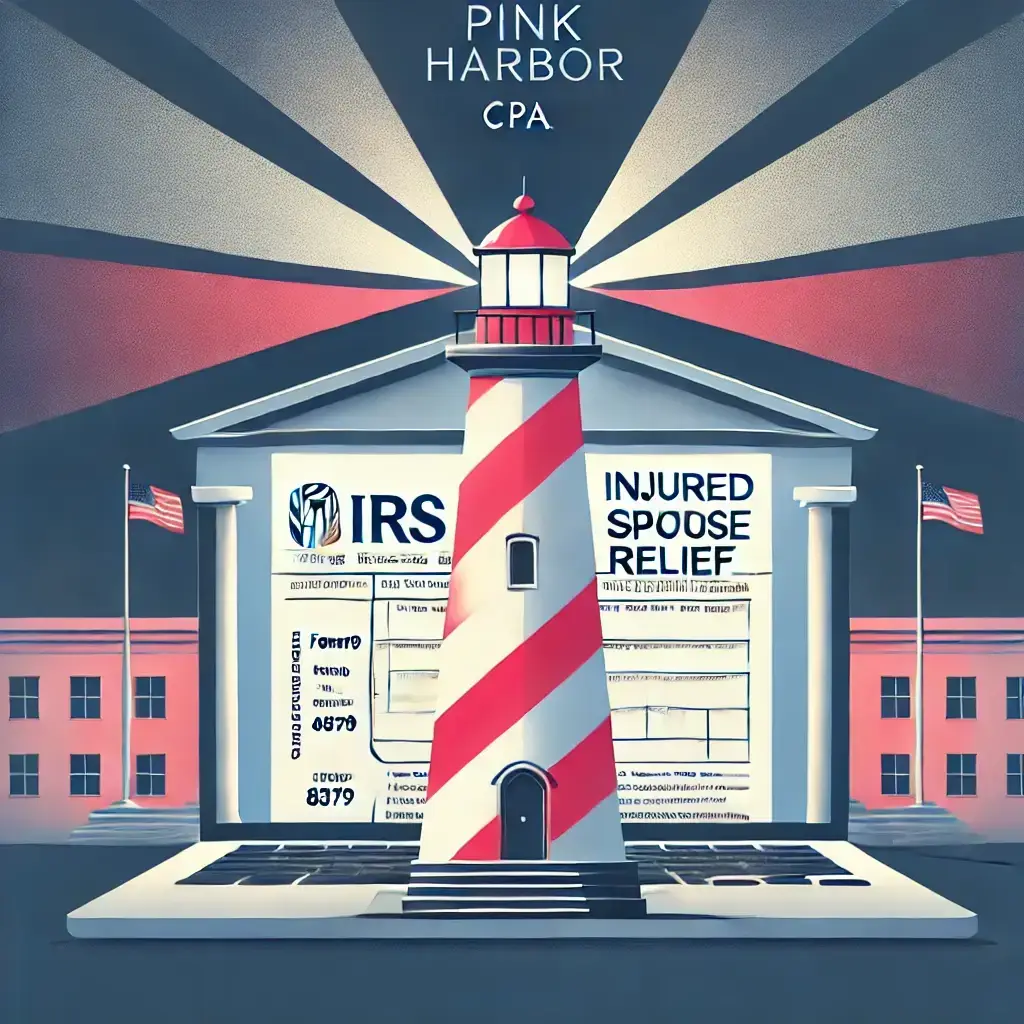 Webpage header image for IRS Injured Spouse Relief, featuring a prominently displayed IRS Form 8379 and the words 'Injured Spouse Relief' in large text. A pink and white striped lighthouse with symmetrical beams of light is visible in the background, symbolizing guidance and support, along with the subtle branding text 'Pink Harbor, CPA.' The overall tone of the image is welcoming and professional, with faint government building motifs to imply official IRS assistance.