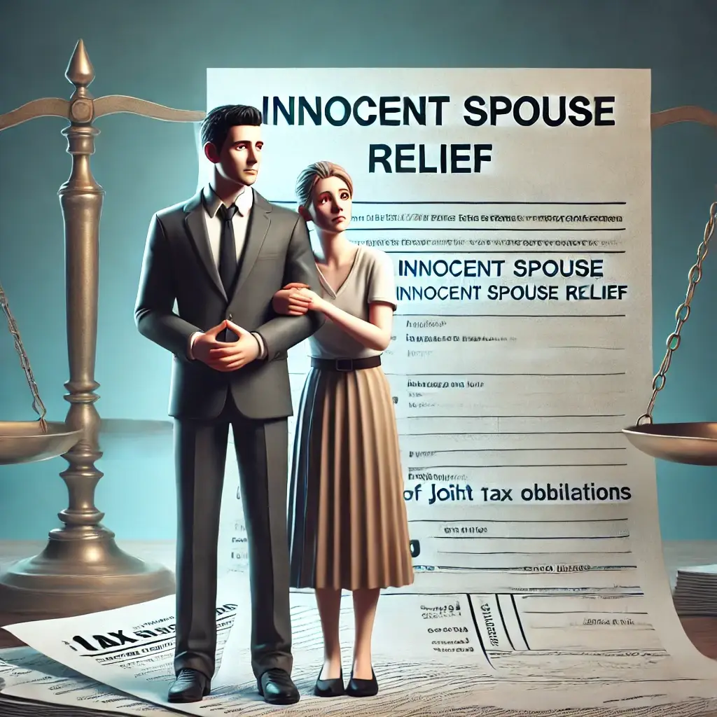 A couple standing in front of a large document labeled 'Innocent Spouse Relief,' with one spouse looking relieved and the other concerned. The background features a scale of justice and tax forms, symbolizing joint tax obligations and legal relief. The scene conveys a professional, calm, and reassuring atmosphere regarding tax liability relief