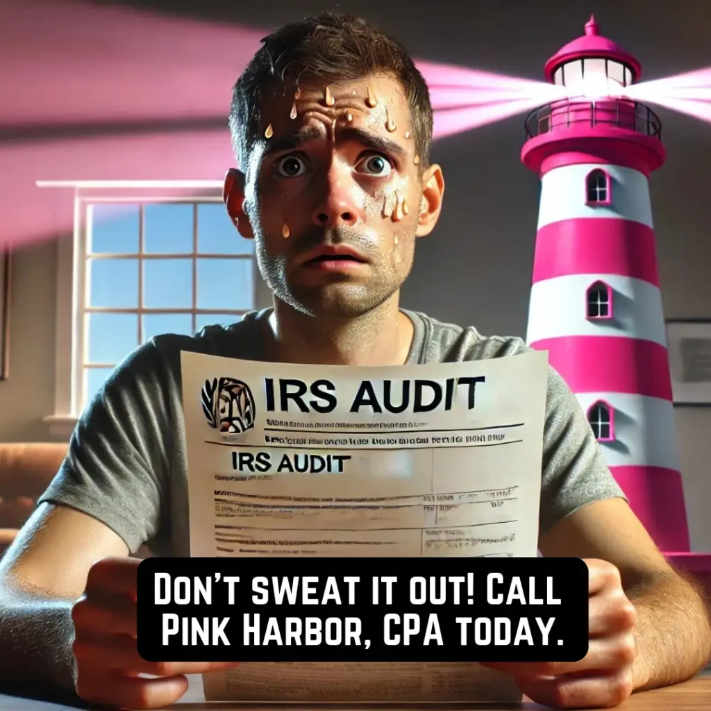 Man sweating while holding an IRS audit letter, symbolizing stress and concern, with a pink and white lighthouse shining symmetrical beams of light in the background. The text overlay reads, 'Don't sweat it out! Call Pink Harbor, CPA today.' The image conveys the importance of expert IRS audit representation.