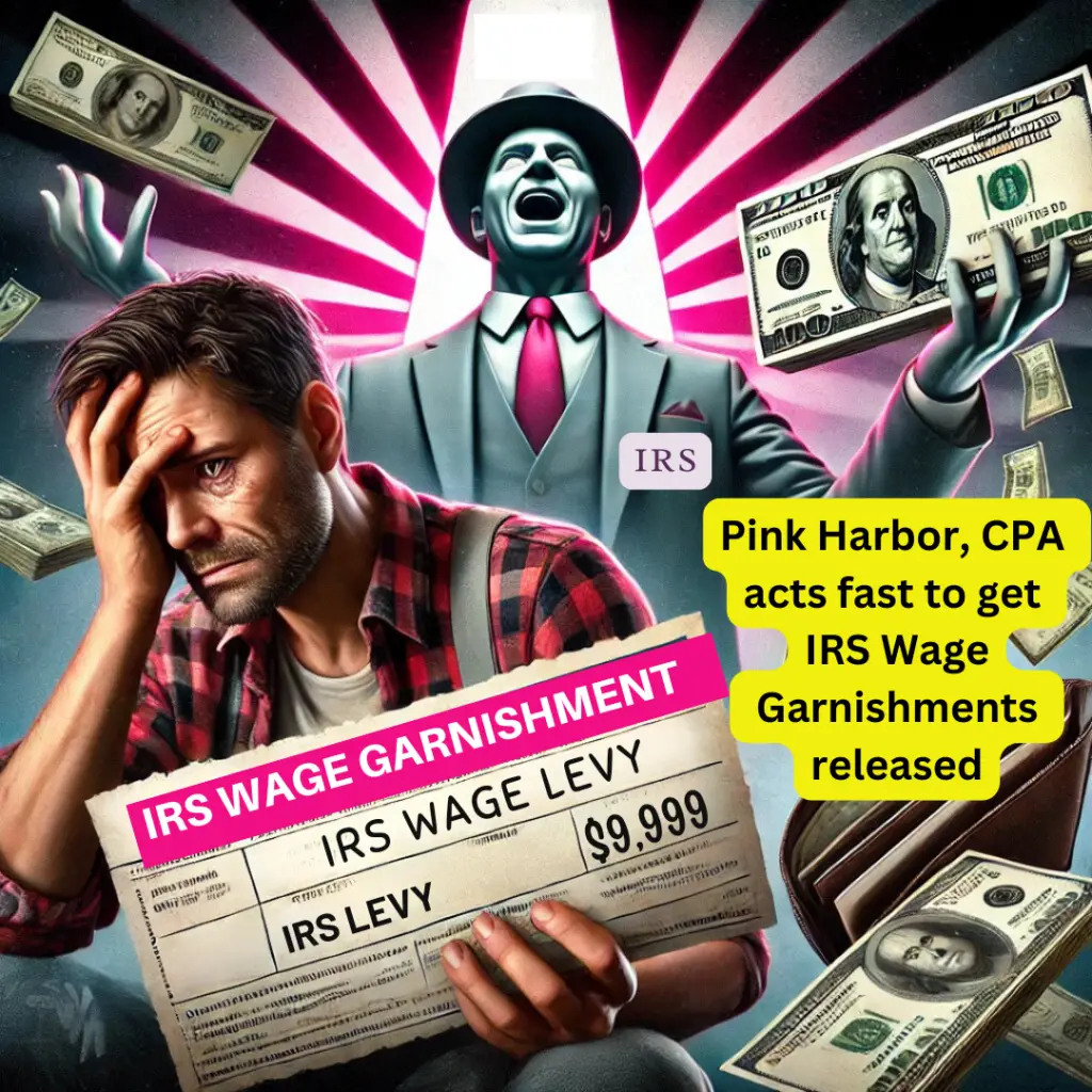 Illustration of a person overwhelmed by IRS Wage Garnishment, holding a paycheck marked 'IRS Wage Levy,' while an IRS representative, shown as a wealthy banker, counts money. The background includes a pink and white lighthouse with prominent light beams.