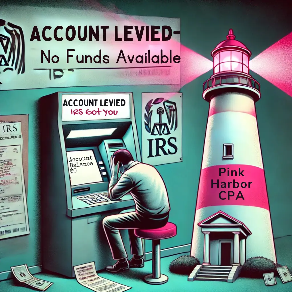 Stressed person at an ATM discovering their account is levied with the screen showing 'Account Levied - No Funds Available.' IRS involvement is implied with a notice in the background. A pink and white lighthouse with prominent light beams symbolizes hope and assistance, aligning with the need to stop an IRS tax levy, resolve wage garnishments, and release bank account levies.