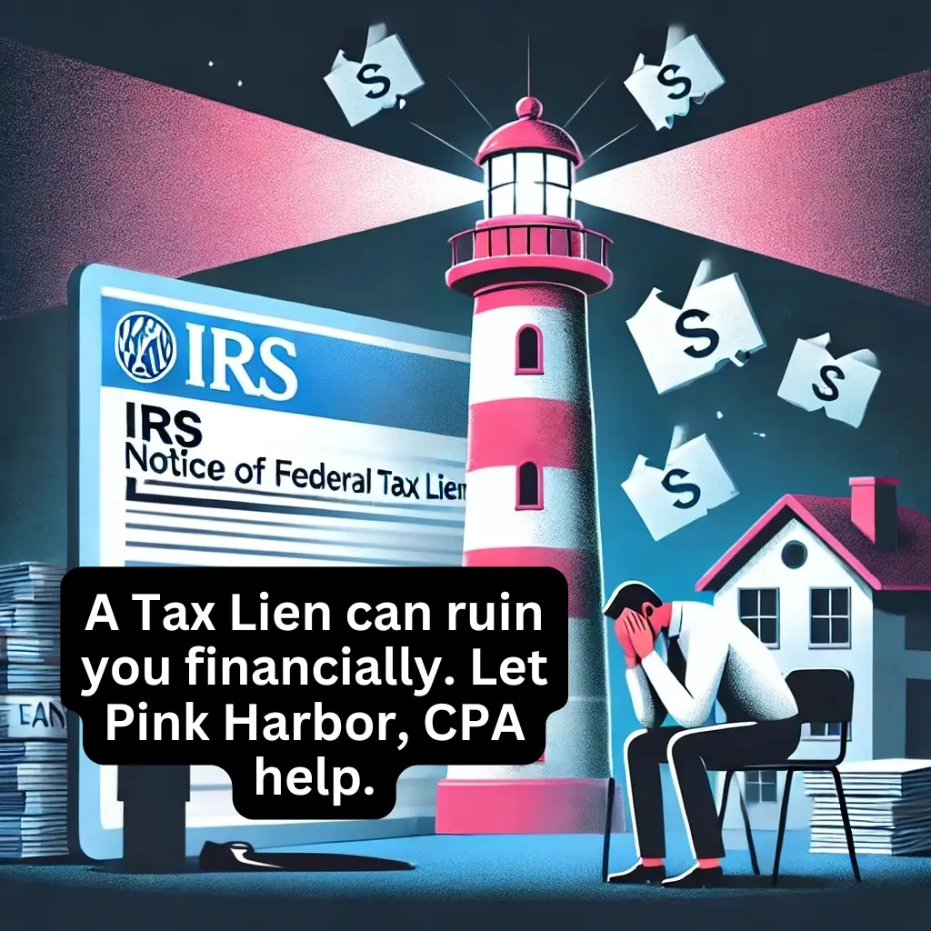 Illustration of the consequences of an IRS Notice of Federal Tax Lien. A distressed person sits with their head in their hands next to a stack of documents. A pink and white lighthouse with beams of light symbolizes hope, positioned beside an IRS notice and a house. Flying dollar signs emphasize the financial burden. The text reads, 'A Tax Lien can ruin you financially. Let Pink Harbor, CPA help.