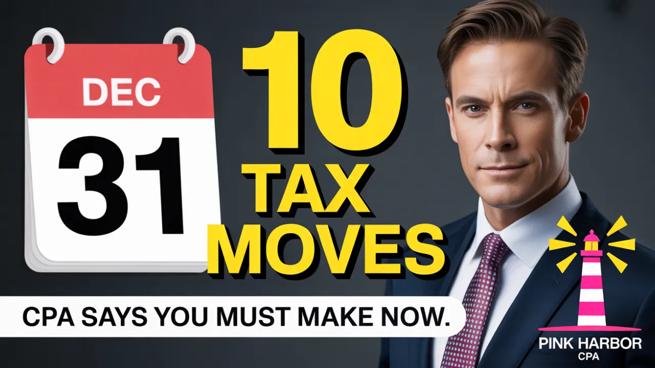 Calendar showing December 31 next to bold text ‘10 Tax Moves’ with a professional-looking man and Pink Harbor CPA branding.