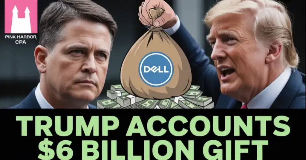 President Donald Trump and Michael Dell illustrated with a money bag labeled Dell above stacks of cash, referencing a $6 billion accounting issue.