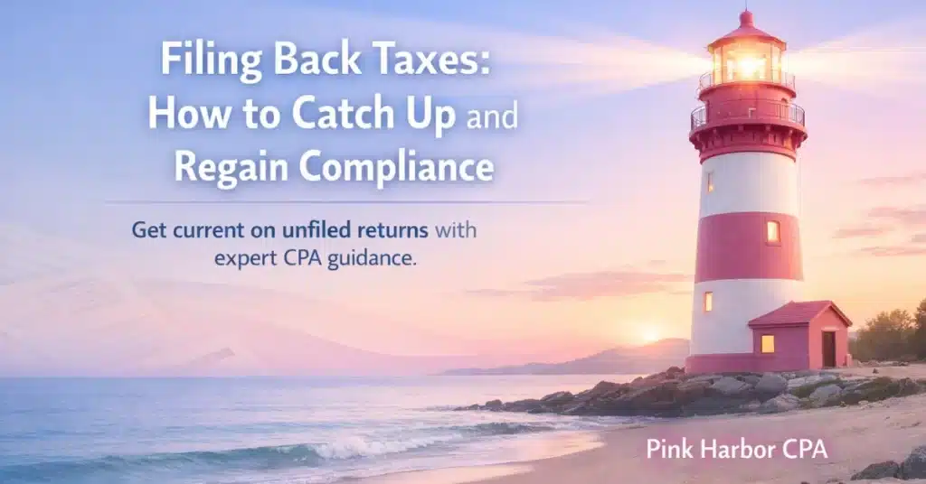 Lighthouse at sunrise with text about filing back taxes and how to catch up and regain compliance
