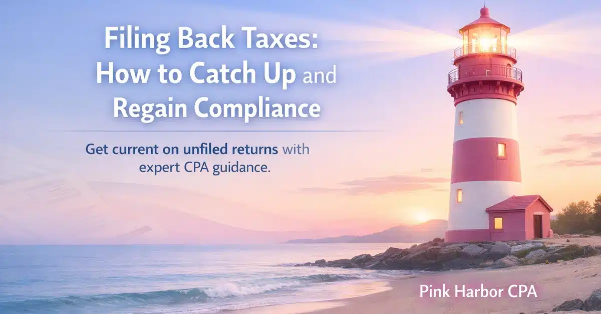 Lighthouse at sunrise with text about filing back taxes and how to catch up and regain compliance