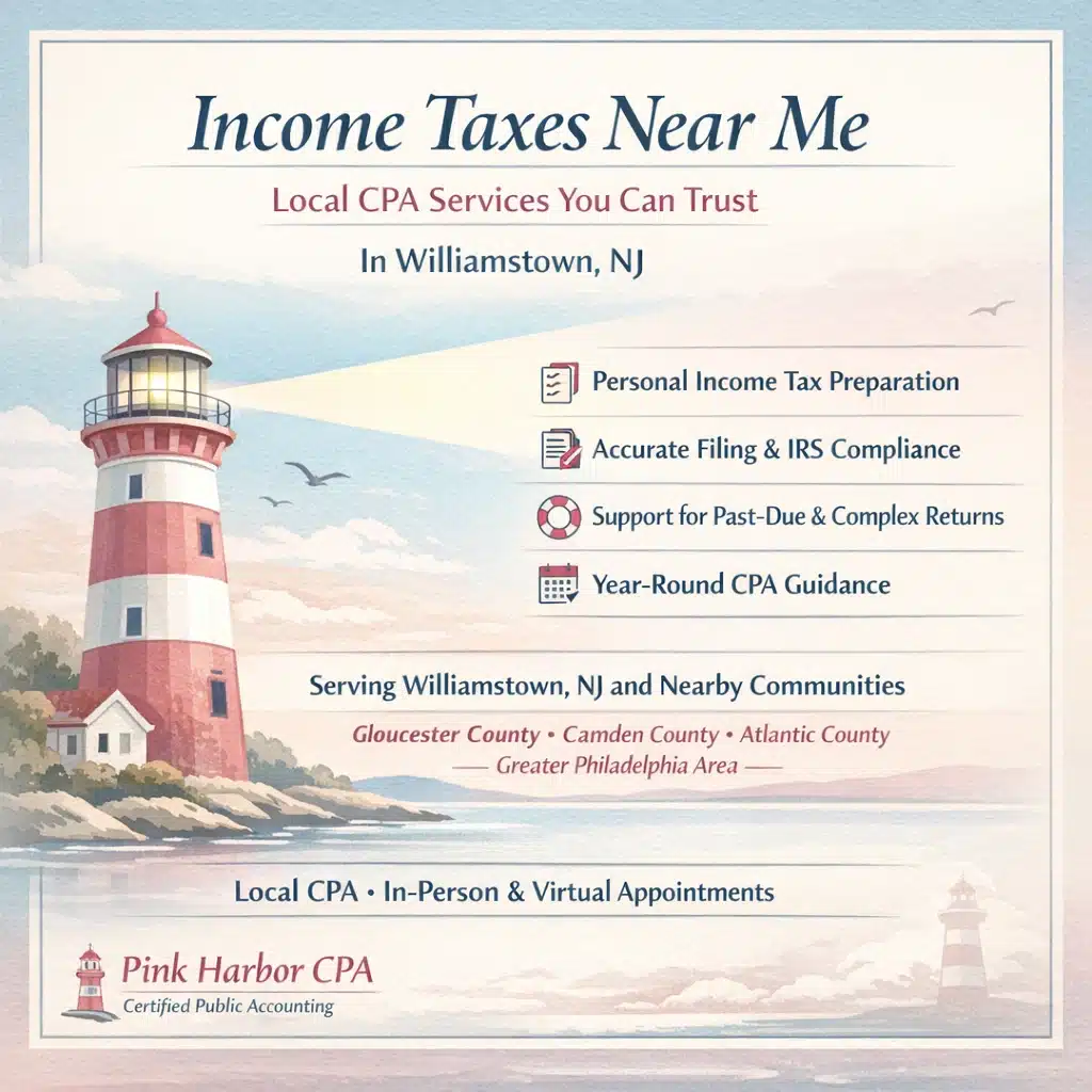 Income tax preparation near me graphic promoting local CPA services in Williamstown, New Jersey with lighthouse illustration