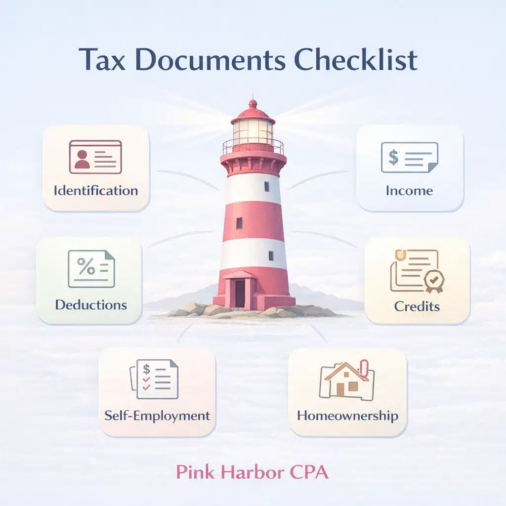 Tax document checklist illustration showing lighthouse surrounded by icons for identification, income, deductions, credits, self-employment, and homeownership