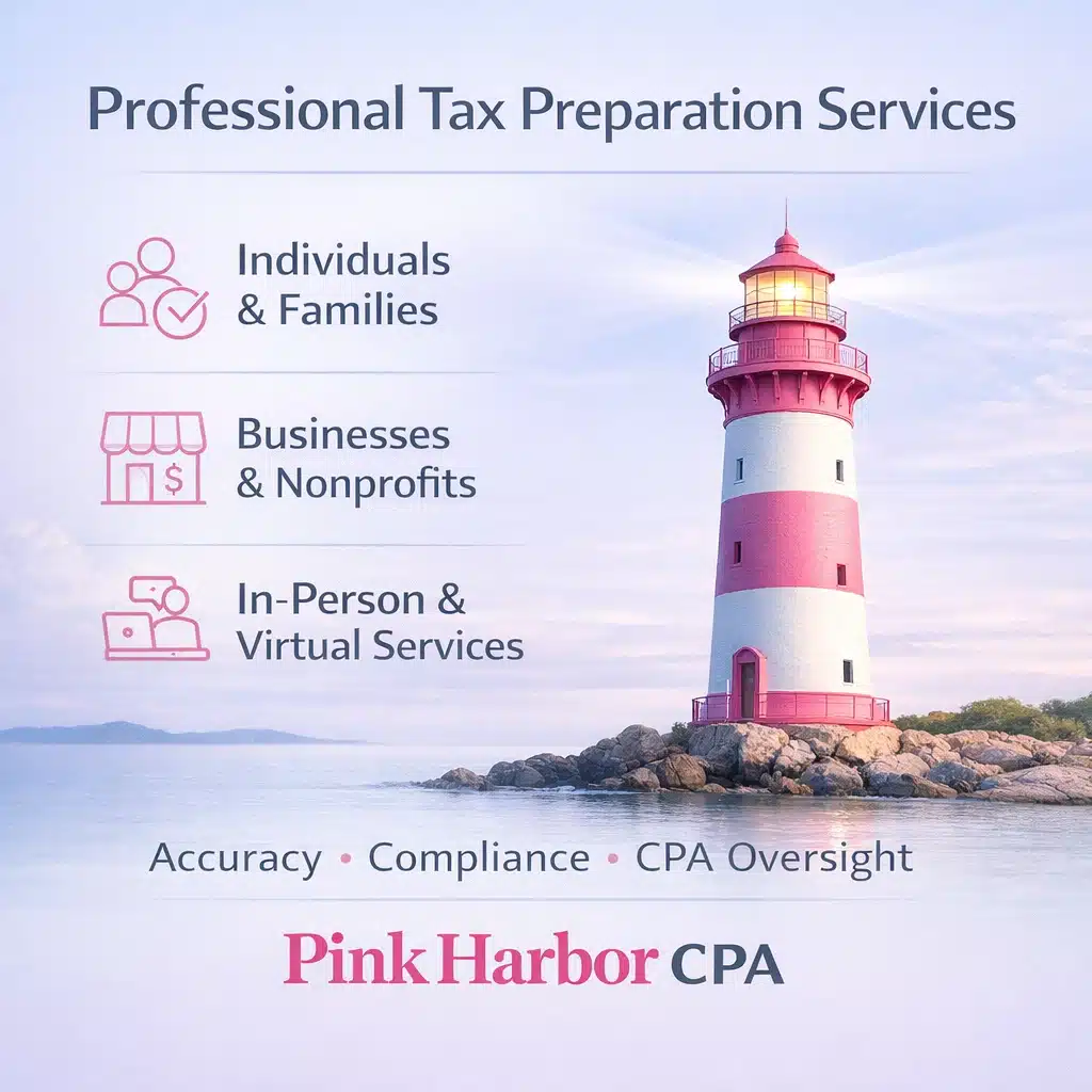 Tax preparation services graphic featuring a pink and white lighthouse by Pink Harbor CPA