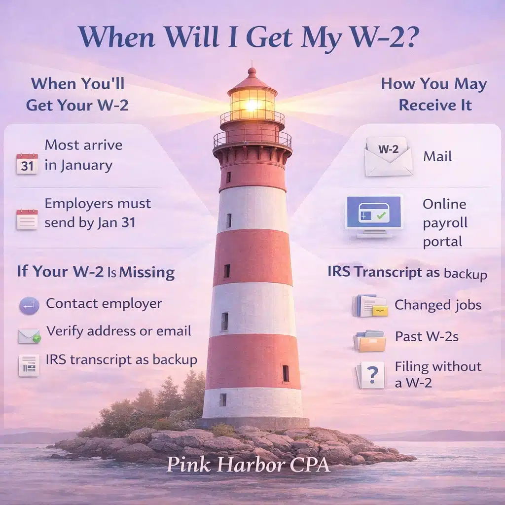 When will I get my W2 infographic with lighthouse showing January arrival, delivery methods, and steps if a W2 is missing