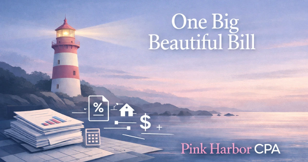 Illustrated lighthouse by the coast with financial documents and icons representing one big beautiful bill and tax planning guidance from Pink Harbor CPA