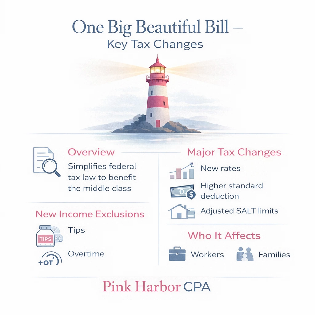 Coastal lighthouse illustration with financial documents and tax icons representing guidance on one big beautiful bill by Pink Harbor CPA