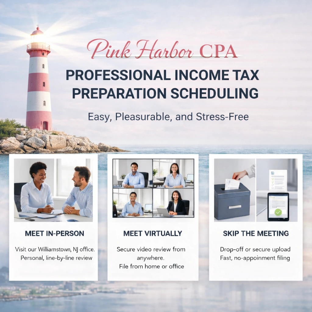 Pink Harbor CPA income tax preparation scheduling graphic featuring a lighthouse and options for in-person, virtual, or no-meeting tax filing services