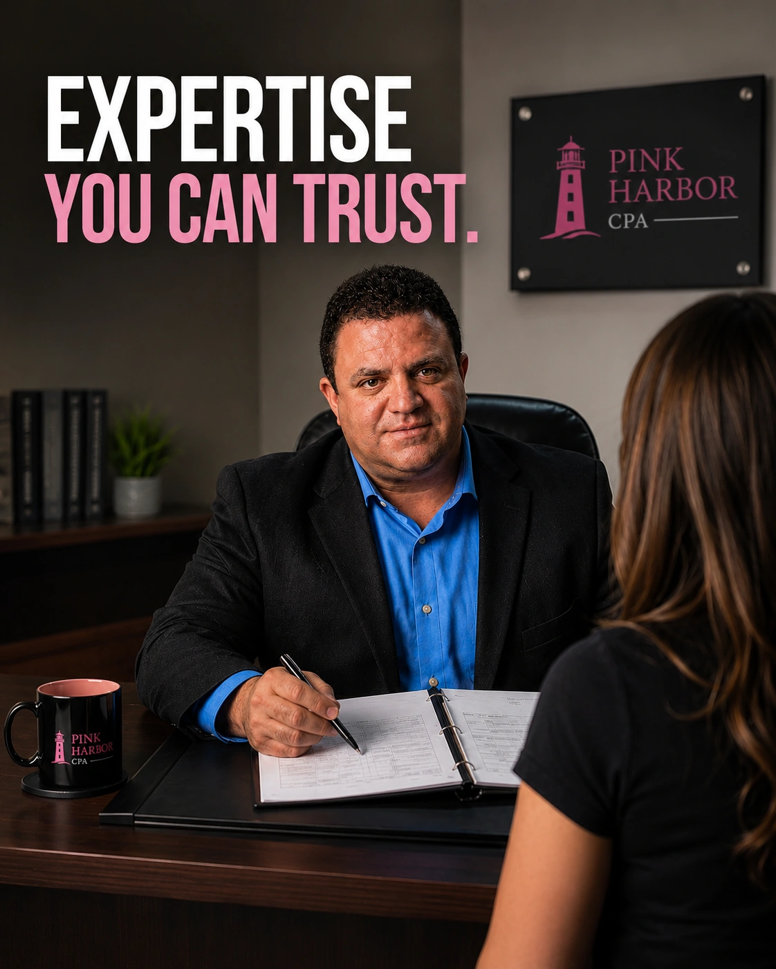 CPA meeting with a client to discuss transparent tax preparation pricing and personalized tax planning services at Pink Harbor, CPA.