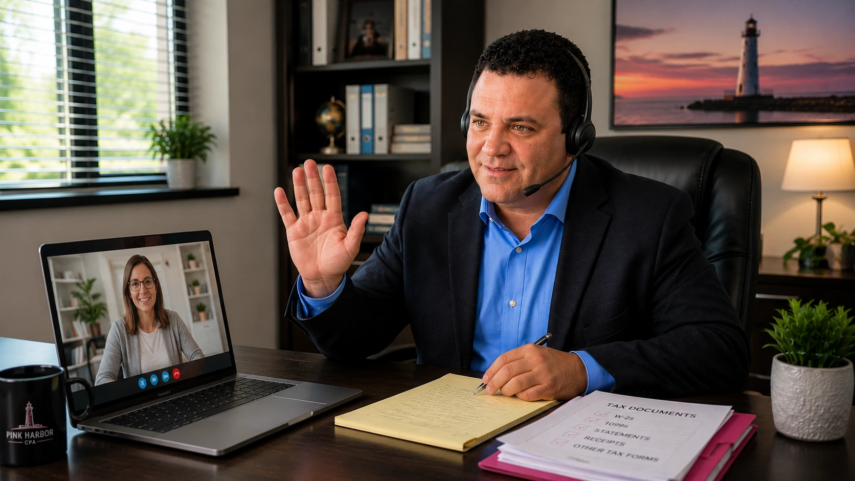Virtual tax preparation video call with a Pink Harbor CPA tax professional
