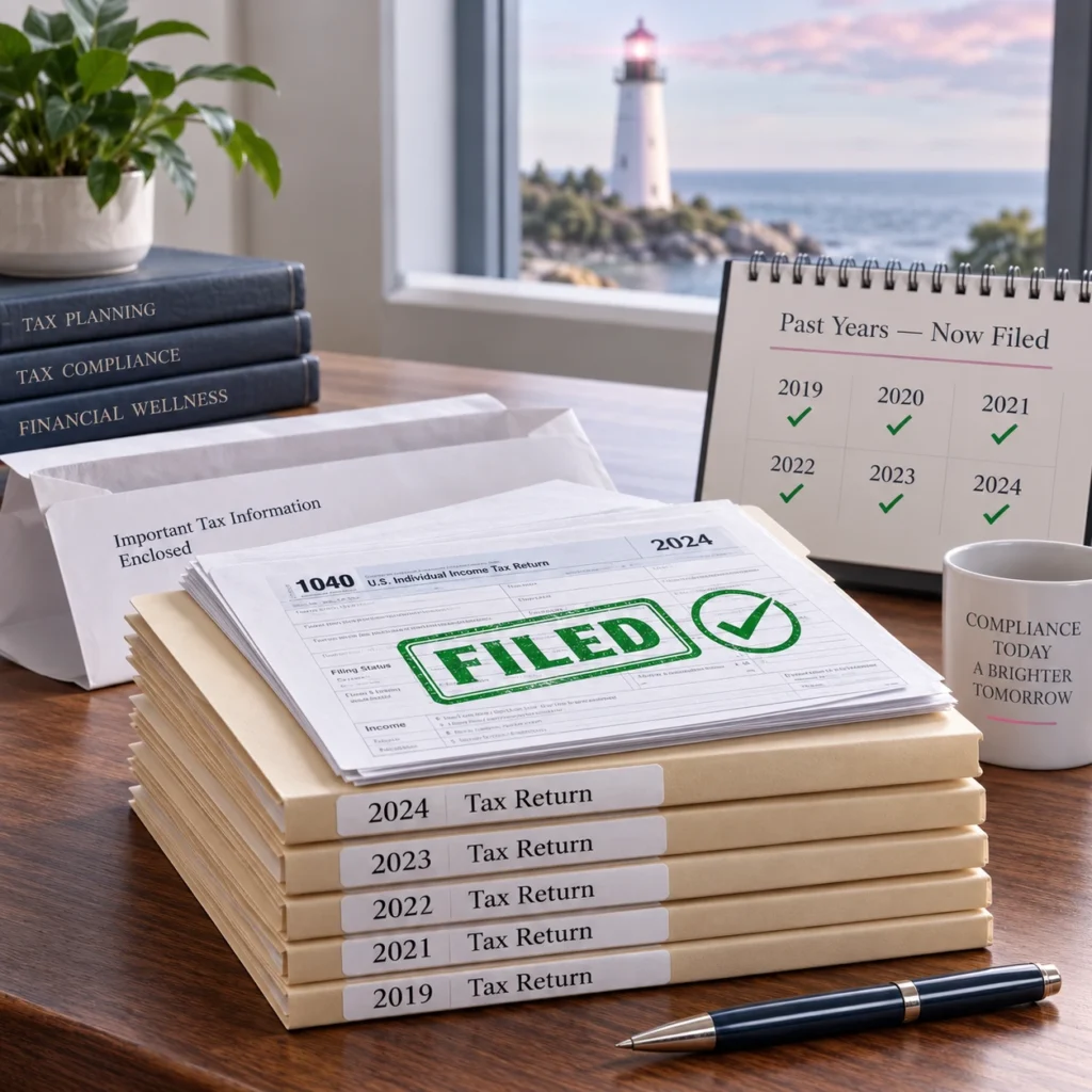 Multiple years of past-due tax returns completed and marked filed, representing filing back taxes and restoring tax compliance.
