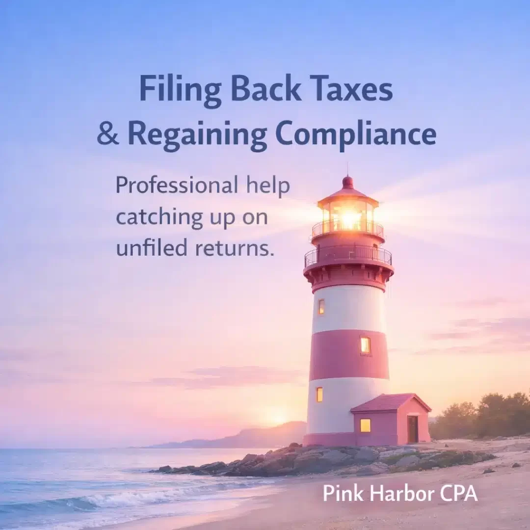 Lighthouse at sunrise with text about filing back taxes and regaining compliance